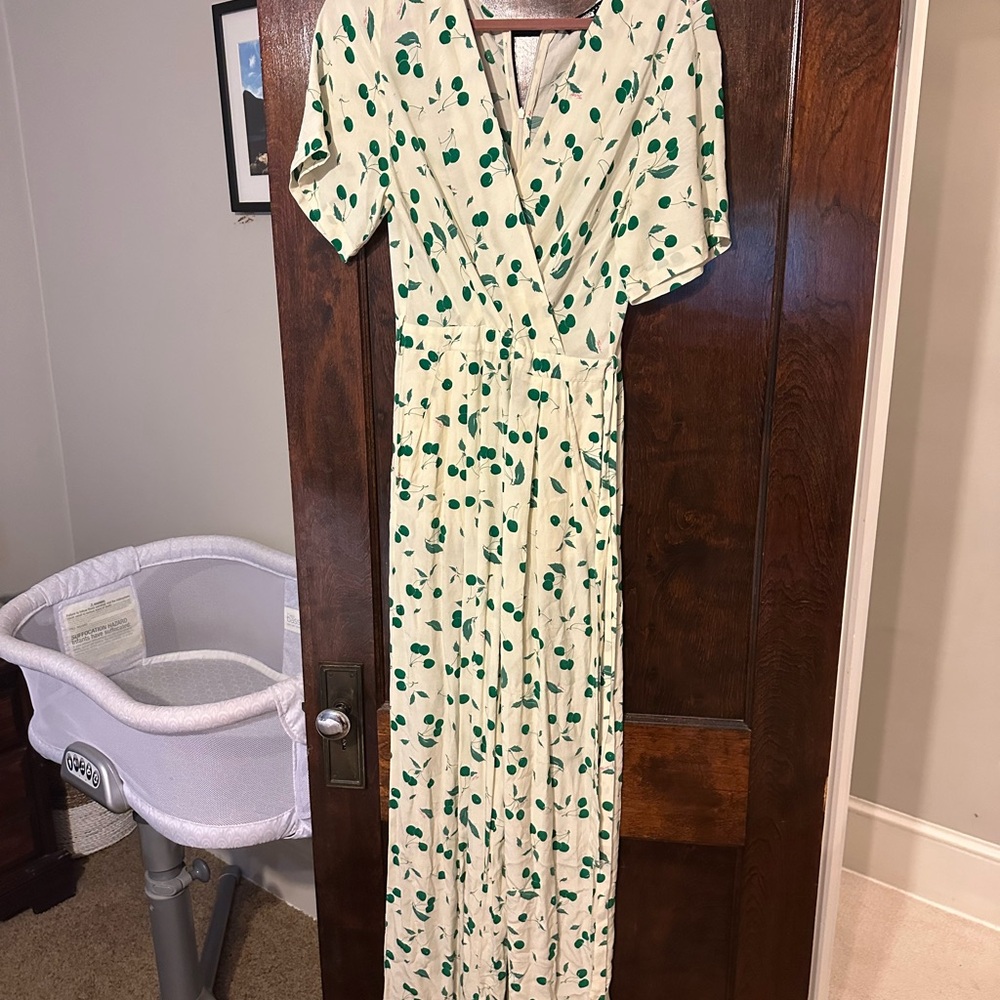 Cream and Green Wrap jumpsuit with Flutter Sleeves